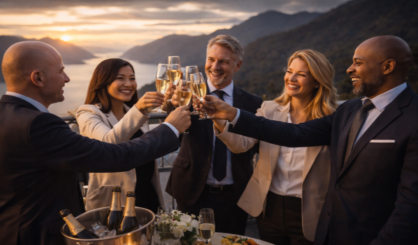 Mitarbeiter feiern auf einem Incentive-Event mit Getränken und guter Stimmung