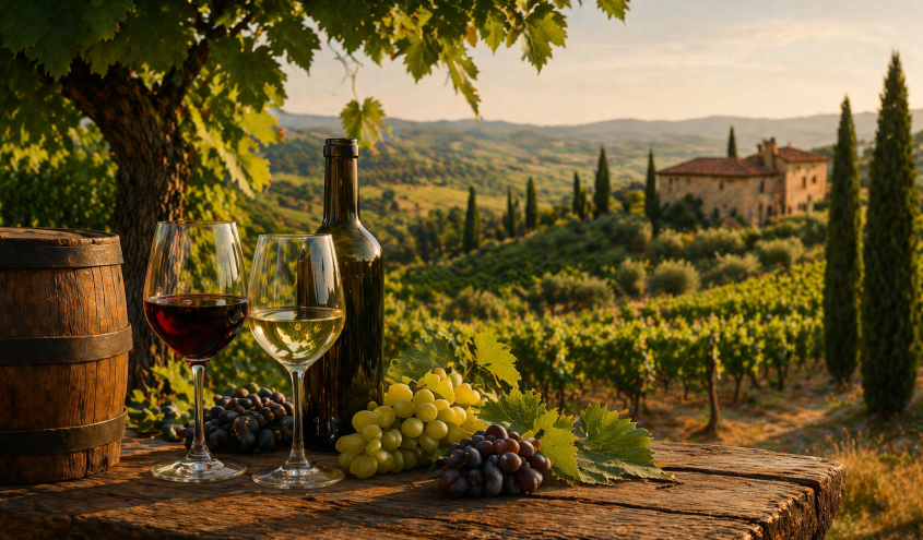 Auswahl italienischer Weine in Gläsern und Flaschen, arrangiert mit Trauben und mediterranen Elementen vor einer stilvollen Kulisse.