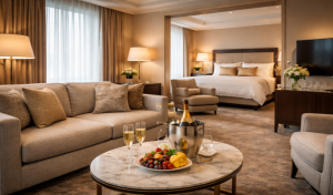 Modern eingerichtete Junior Suite in einem Hotel mit Bett und Sitzbereich