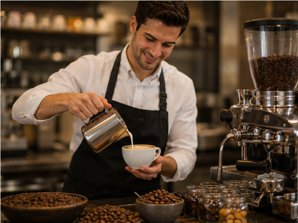 Frisch gebrühter Kaffee in einer Tasse neben gerösteten Kaffeebohnen auf einem Tisch.