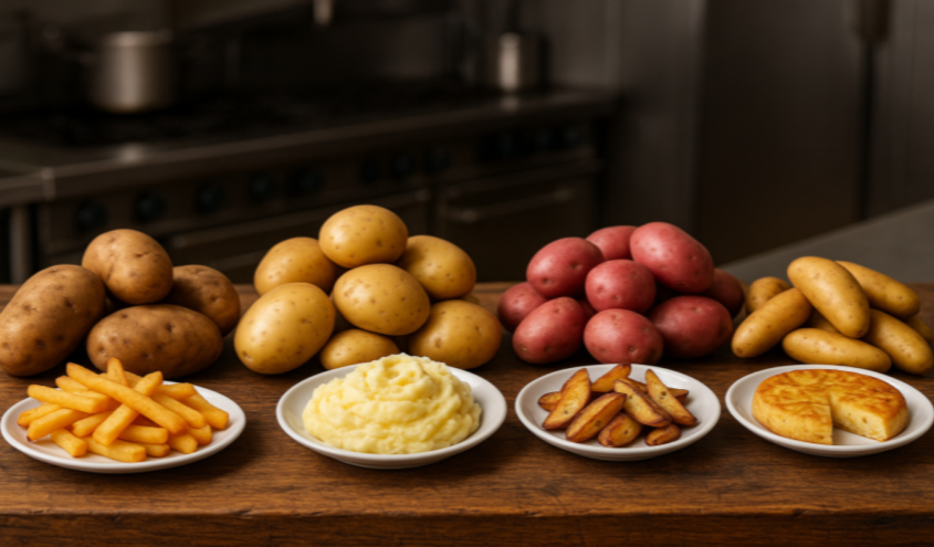 Frische Kartoffeln in Schalen, bereit für die Zubereitung in der Gastronomie und Hotellerie, von klassischen bis kreativen Gerichten.