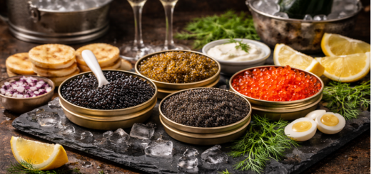 Edel angerichteter Kaviar mit Beilagen in einem gehobenen Restaurant