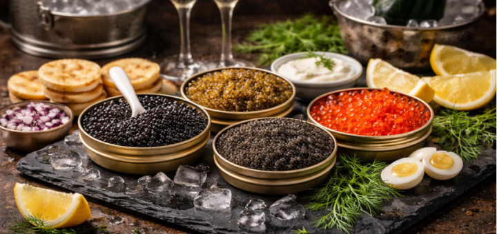 Edel angerichteter Kaviar mit Beilagen in einem gehobenen Restaurant