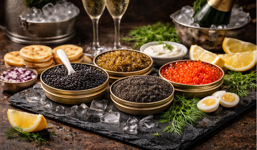 Edel angerichteter Kaviar mit Beilagen in einem gehobenen Restaurant