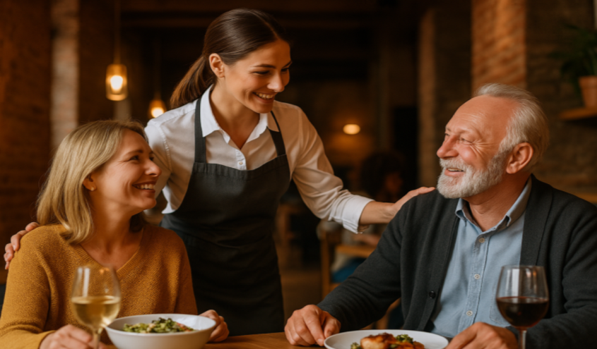 Symbolische Darstellung von Kundenbindung im Marketing mit zufriedenen Kunden und Serviceelementen