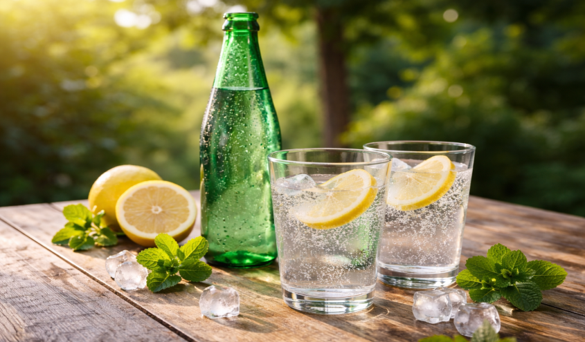 Gläser mit stillem und sprudelndem Mineralwasser auf einem Serviertablett in einem Gastronomiebetrieb.