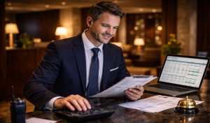 Hotelmitarbeiter arbeitet nachts an der Rezeption und überprüft Buchungen