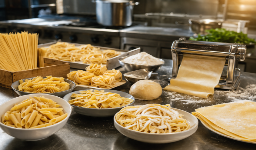 Frisch hergestellte Nudeln liegen auf einer Arbeitsfläche in der Küche