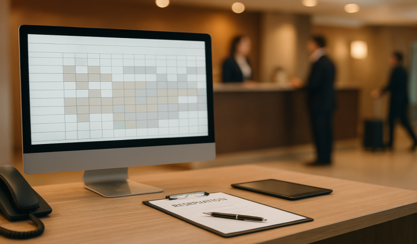 Hotelmitarbeiter analysiert Buchungszahlen und Auslastung am Computer