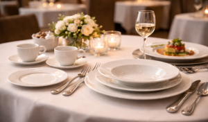 Weißes Porzellan wie Teller und Tassen sauber gestapelt und bereit für den Einsatz im Restaurant oder Hotelservice.