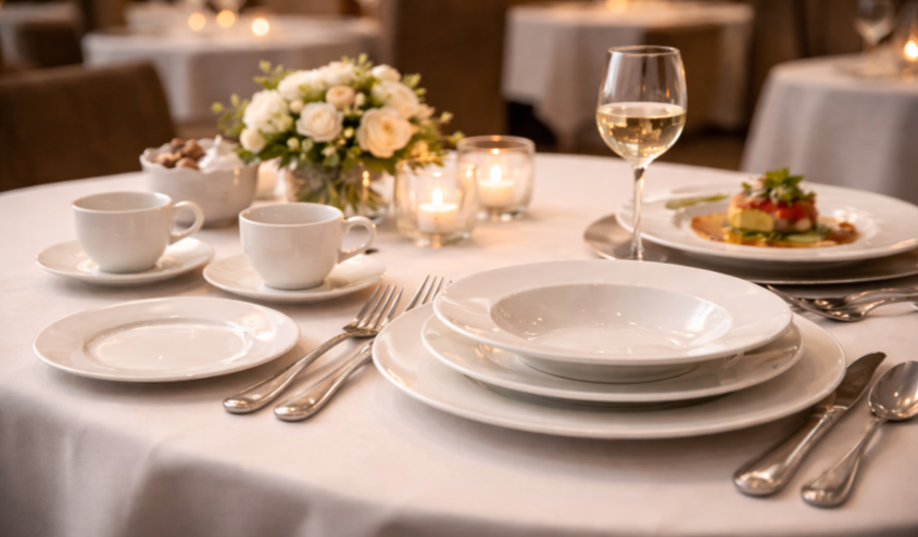 Weißes Porzellan wie Teller und Tassen sauber gestapelt und bereit für den Einsatz im Restaurant oder Hotelservice.