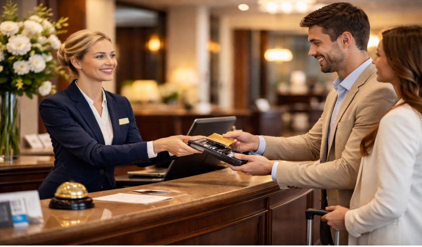Gast bezahlt im Voraus an der Hotelrezeption, Hotelmitarbeiterin bestätigt Zahlung