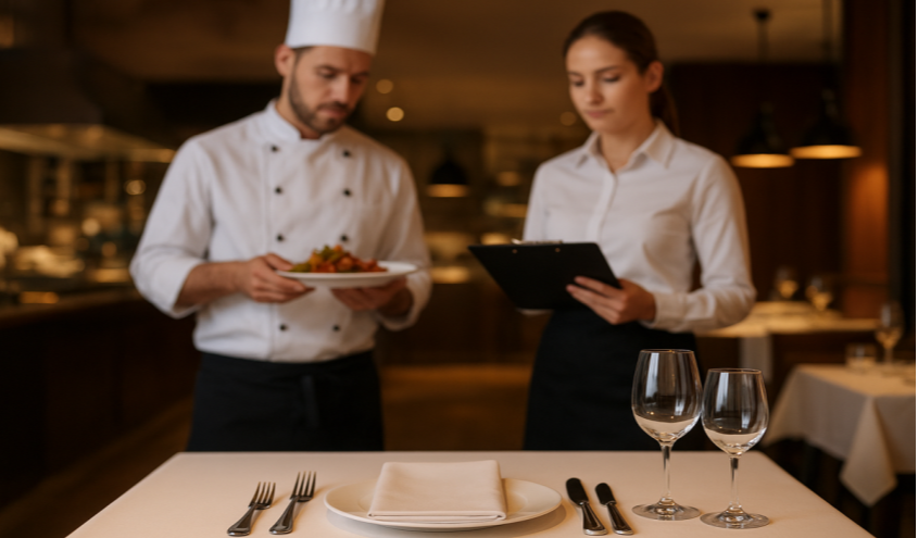 Service-Mitarbeiter und Koch überprüfen die korrekte Eindeckung eines Restauranttisches