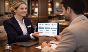 Hotelangestellter spricht mit einem Gast über Zimmerpreise und Ratenparität