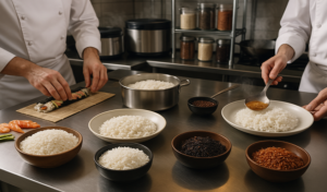 Verschiedene Reissorten in Schalen, bereit für die Zubereitung in Gastronomie und Hotellerie, für kreative und gesunde Gerichte.