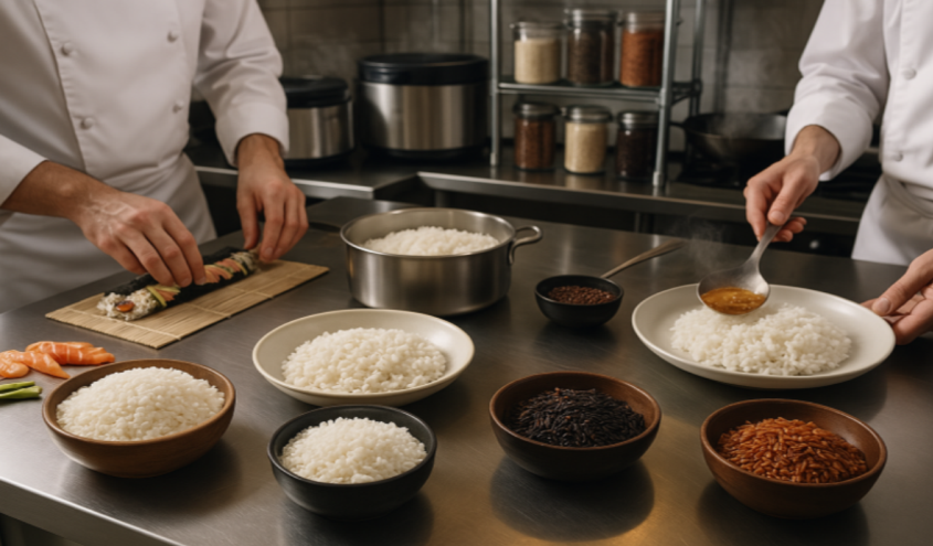 Verschiedene Reissorten in Schalen, bereit für die Zubereitung in Gastronomie und Hotellerie, für kreative und gesunde Gerichte.