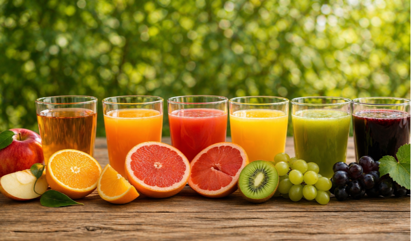 Auswahl verschiedener Fruchtsäfte wie Orangensaft, Apfelsaft und Multivitaminsaft in Gläsern und Flaschen, dekoriert mit frischem Obst.