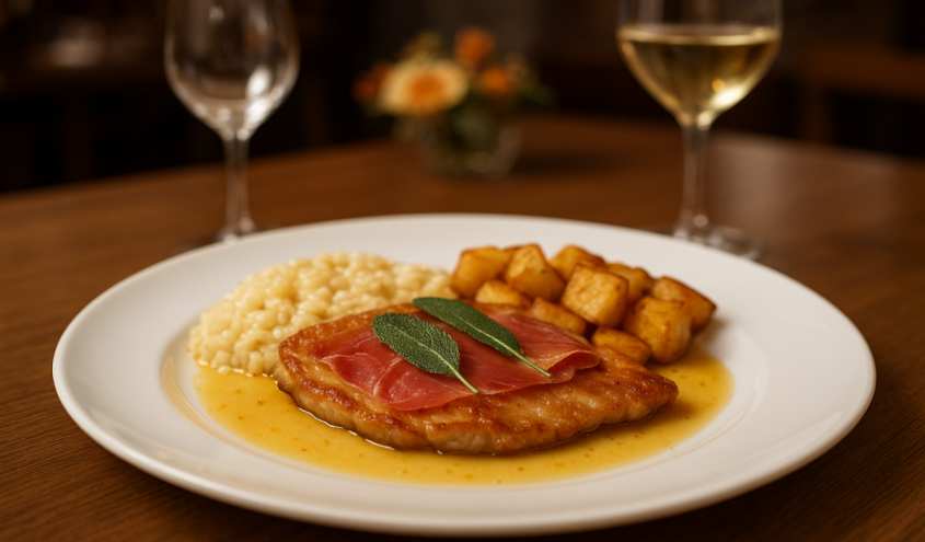 Saltimbocca, italienisches Gericht aus Kalbfleisch mit Schinken und Salbei, serviert auf Teller