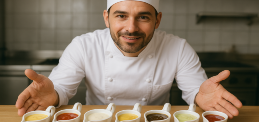 Koch in einer Profiküche präsentiert verschiedene kunstvoll angerichtete Saucen auf Tellern