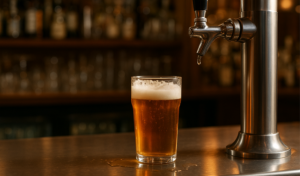 Bier läuft aus einem Zapfhahn ins Glas, möglicher Schankverlust beim Zapfen