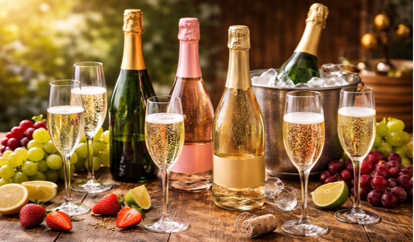 Flaschen und Gläser mit verschiedenen Schaumweinen sowie Trauben und Produktionssymbolik zur Darstellung der Herstellung und Vielfalt von Schaumwein.