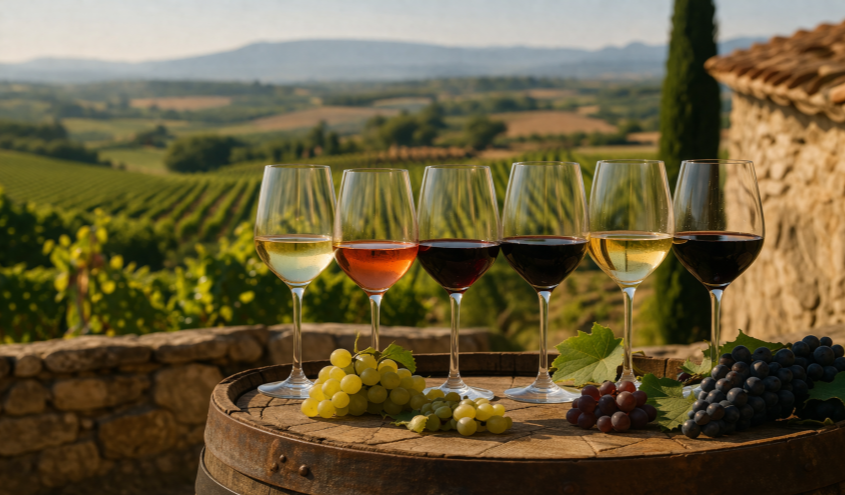 Spanische Weine in Gläsern und Flaschen, kombiniert mit Trauben und landestypischen Elementen wie Tapas auf einem rustikalen Tisch.