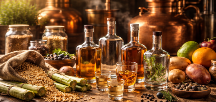 Verschiedene Spirituosen und passende Gläser werden in einer stilvollen Bar präsentiert