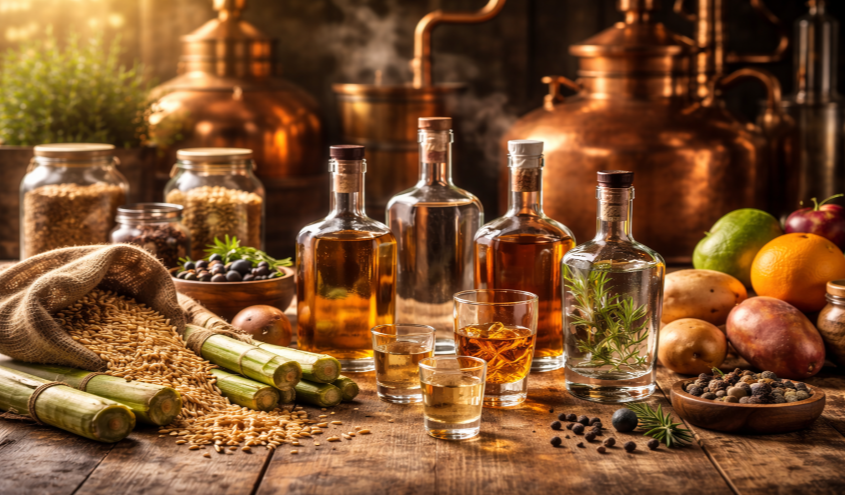 Verschiedene Spirituosen und passende Gläser werden in einer stilvollen Bar präsentiert