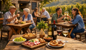 Gäste sitzen in einer Straußwirtschaft unter Schirmen und genießen Wein und kleine Speisen