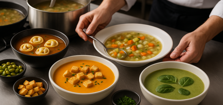 Verschiedene Suppen werden in einer Profiküche frisch zubereitet und angerichtet