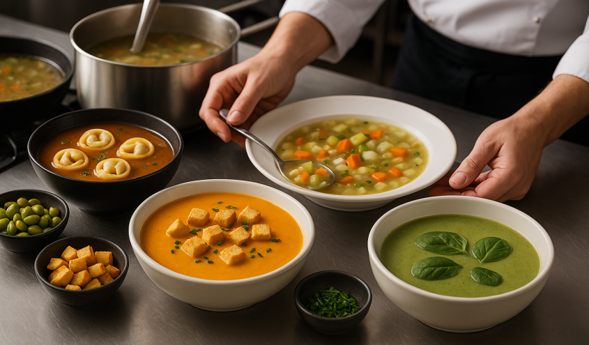Verschiedene Suppen werden in einer Profiküche frisch zubereitet und angerichtet