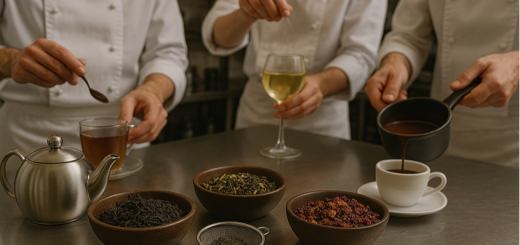 Verschiedene Teesorten werden in einer stilvollen Gastronomieumgebung zubereitet und serviert