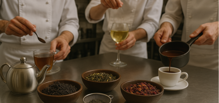 Verschiedene Teesorten werden in einer stilvollen Gastronomieumgebung zubereitet und serviert