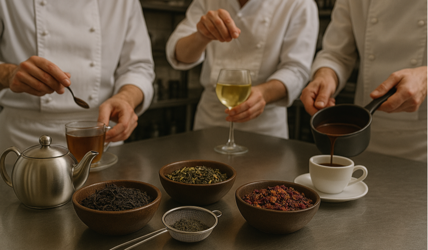 Verschiedene Teesorten werden in einer stilvollen Gastronomieumgebung zubereitet und serviert