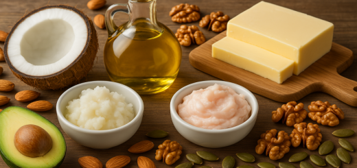 Verschiedene Fettquellen wie Öl, Nüsse und Avocado werden in einer Profiküche verwendet