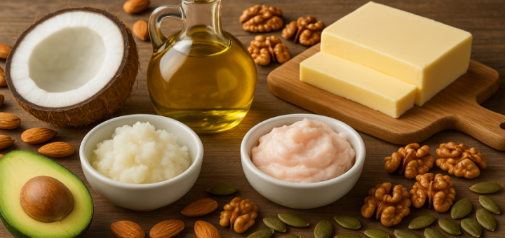 Verschiedene Fettquellen wie Öl, Nüsse und Avocado werden in einer Profiküche verwendet