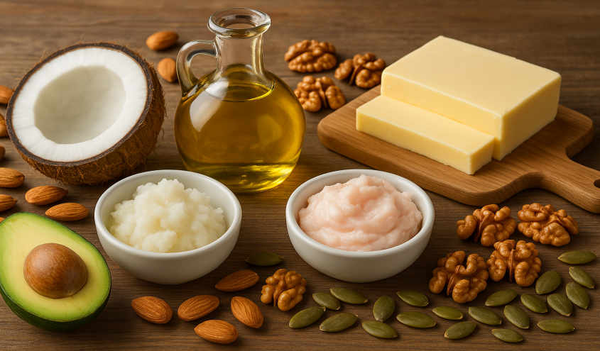 Verschiedene Fettquellen wie Öl, Nüsse und Avocado werden in einer Profiküche verwendet