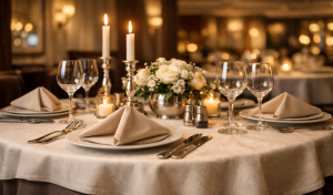 Ein sauber gedeckter Gasttisch im Restaurant mit Besteck, Gläsern und Servietten, vorbereitet für den Service in Gastronomie und Hotellerie.