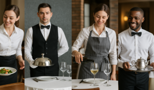 Servicepersonal serviert Speisen am Tisch in einem Restaurant, verschiedene Servicearten in der Gastronomie und Hotellerie im Einsatz.