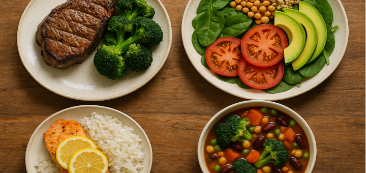 Verschiedene Gerichte für unterschiedliche Ernährungsformen wie vegan, vegetarisch und glutenfrei in einer Profiküche