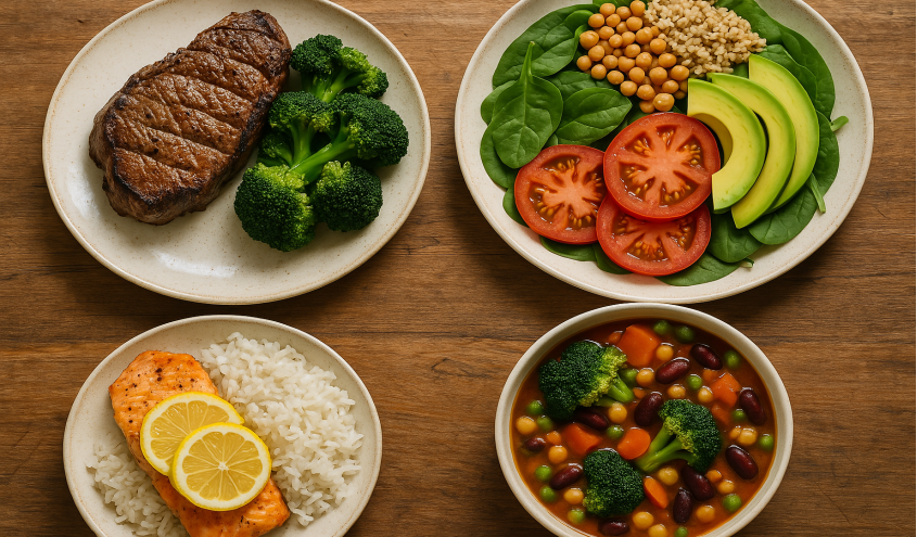 Verschiedene Gerichte für unterschiedliche Ernährungsformen wie vegan, vegetarisch und glutenfrei in einer Profiküche