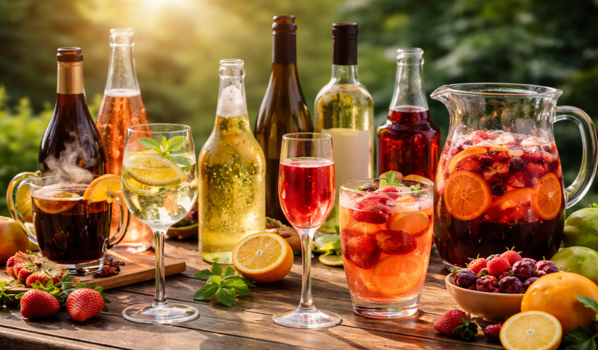 Verschiedene weinhaltige und weinähnliche Getränke in Gläsern angerichtet