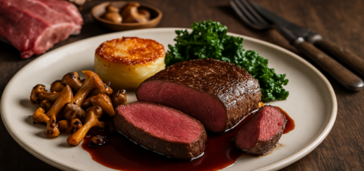 Koch bereitet hochwertiges Wildfleisch mit Beilagen in einer professionellen Küche zu