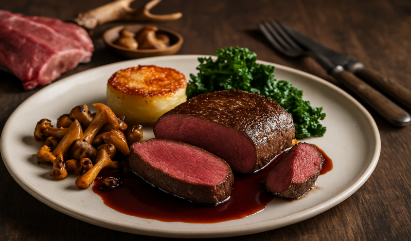 Koch bereitet hochwertiges Wildfleisch mit Beilagen in einer professionellen Küche zu