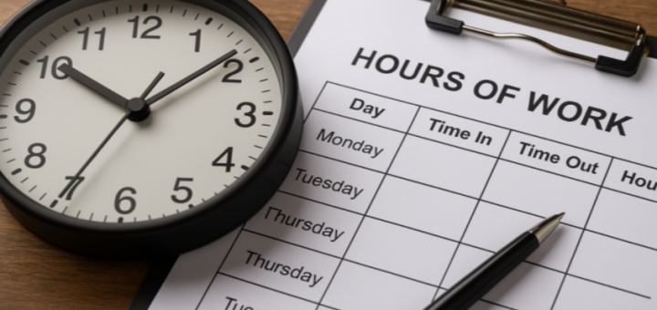 Symbolische Darstellung zum Arbeitszeitgesetz mit Uhr und Arbeitszeitplanung im beruflichen Kontext