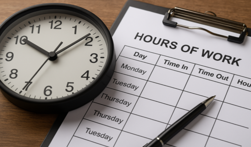 Symbolische Darstellung zum Arbeitszeitgesetz mit Uhr und Arbeitszeitplanung im beruflichen Kontext