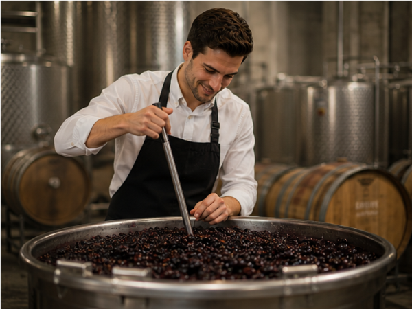Weinproduktion im Keller mit Trauben, Gärbehältern und Holzfässern in einer Weinkellerei.