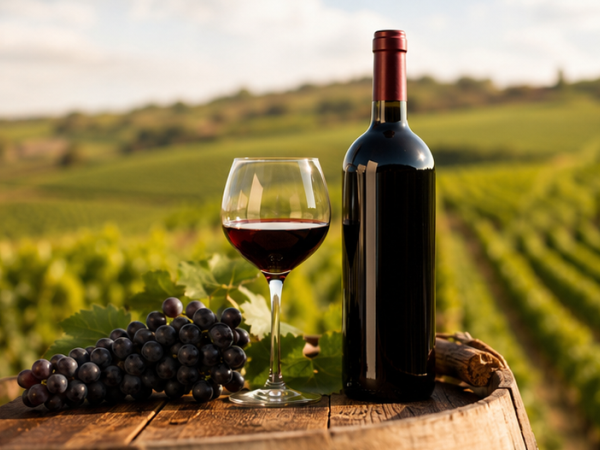 Weinberg mit Reben auf verschiedenen Böden, im Hintergrund ein Weingut in hügeliger Landschaft.