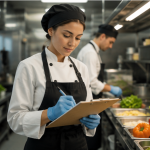 Mitarbeiter in einer Großküche dokumentiert Temperatur- und Hygienekontrollen gemäß HACCP-Richtlinien zur Lebensmittelsicherheit.