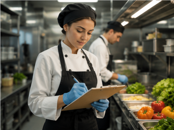 Mitarbeiter in einer Großküche dokumentiert Temperatur- und Hygienekontrollen gemäß HACCP-Richtlinien zur Lebensmittelsicherheit.